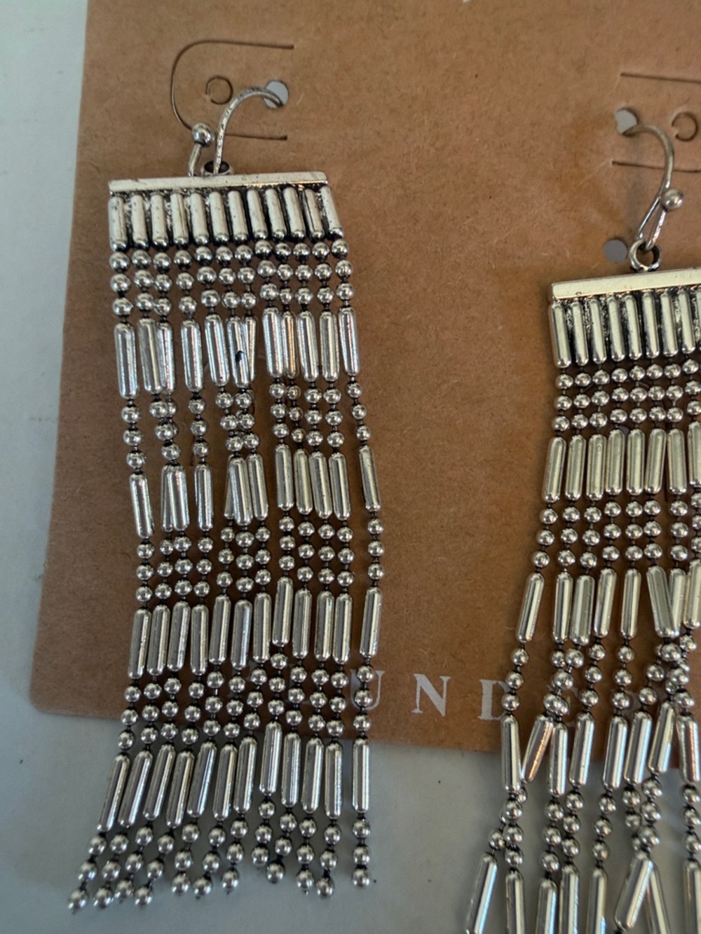 Silver Beaded Fringe Drop Earrings - - Picture 3 of 3